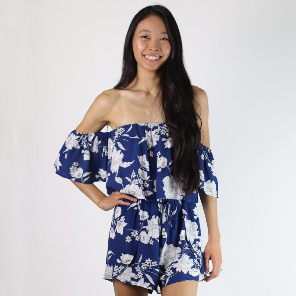 Floral Blue Off the Shoulder Romper